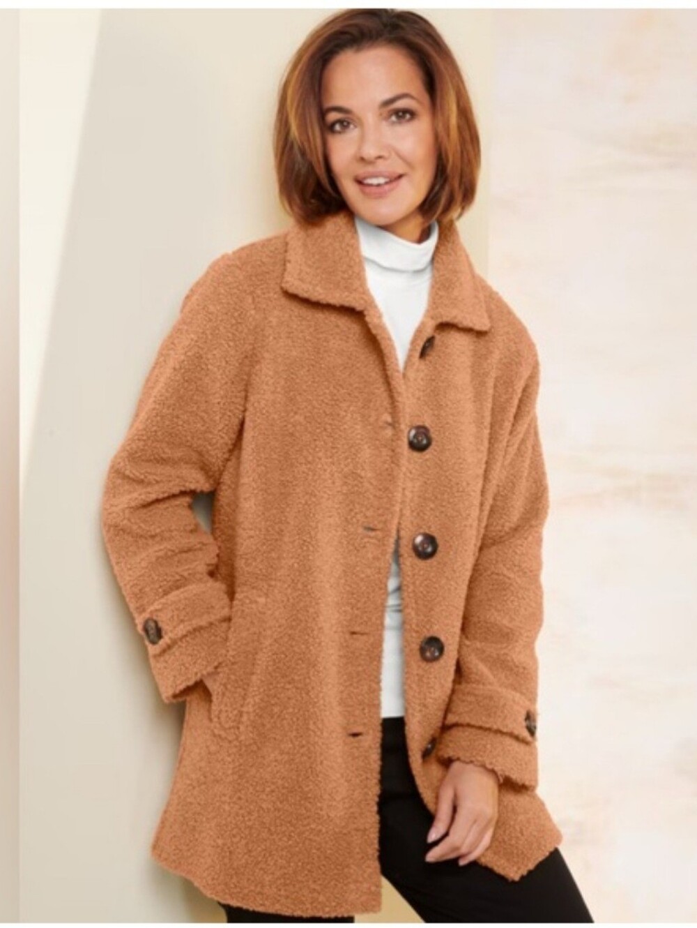 Women's Tan Teddy Button-Up Coat